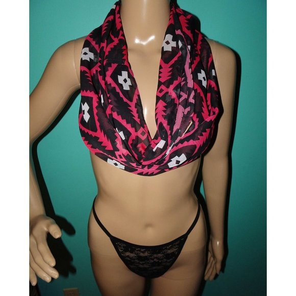 Vintage Black & Pink Southwest Motif Infinity Scarf semi sheer head wrap - Picture 5 of 14